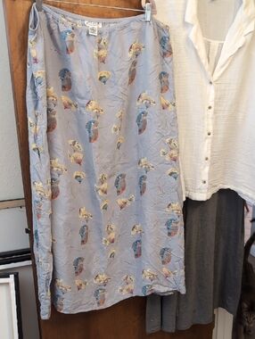 Citron Light Blue Gray Fan Design Silk Elastic Waist Skirt